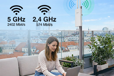 Répéteur WiFi 6 extérieur sur terrasse offrant connexion 5 GHz et 2,4 GHz pour internet rapide en extérieur