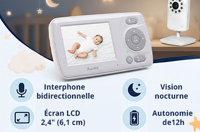 Babyphone vidéo HD avec écran LCD 2,4 pouces affichant un bébé, avec vision nocturne et interphone bidirectionne