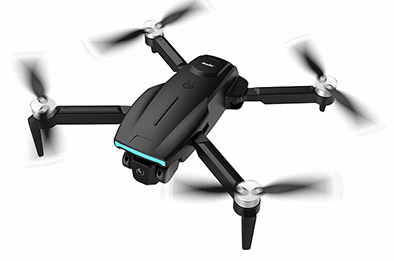 Drone quadricoptère GPS pliable avec caméra 4K en vol, bras déployés et hélices actives