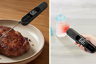 Thermomètre de cuisson à sonde et infrarouge mesurant la température d’un steak et d’un biberon