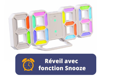 Horloge LED RVB USB avec réveil et fonction snooze, affichage multicolore personnalisable et chiffres 7 segments lisibles