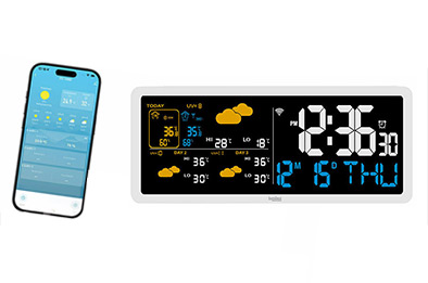 Station météo connectée avec affichage couleur et suivi des données météorologiques sur smartphone