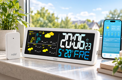 Station météo connectée avec écran couleur, capteur extérieur et consultation des données sur smartphone