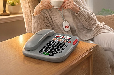Personne âgée utilisant téléphone fixe senior avec pendentif SOS sans fil à domicile