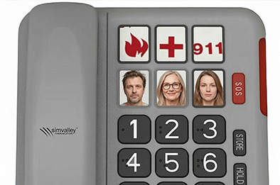 Clavier téléphone senior avec touches XXL, photos contacts et bouton SOS rouge visible
